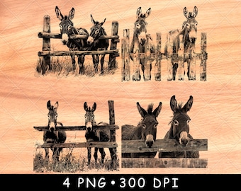 Donkey Mule Burro Rustic Farm Fence Farmland Field Stable Laser File Burn Grayscale Slate Coaster Black White PNG Image Engrave Cnc Wood Art
