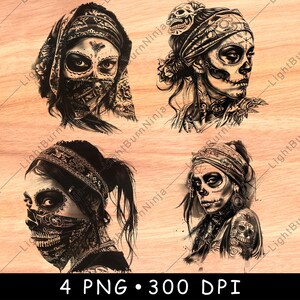 Tête de mort femme peinture pour le visage bandana tatouage floral mexicain fichier laser graver en niveaux de gris ardoise dessous de verre image PNG noir et blanc graver Cnc en bois