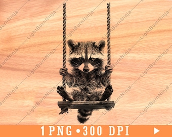 Cute Raccoon on Swing PNG for Laser Engraving, Woodland Nursery Wall Art, Forest Animal Design for Wood Signs & Gifts
