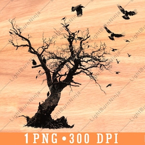 Toten Baum Raben Gruselige Karge Verdrehte Zweige Omen Odin Haustier Laserdatei Brennen Graustufen Schiefer Untersetzer Schwarz Weiß PNG Bild Gravieren Holz,one