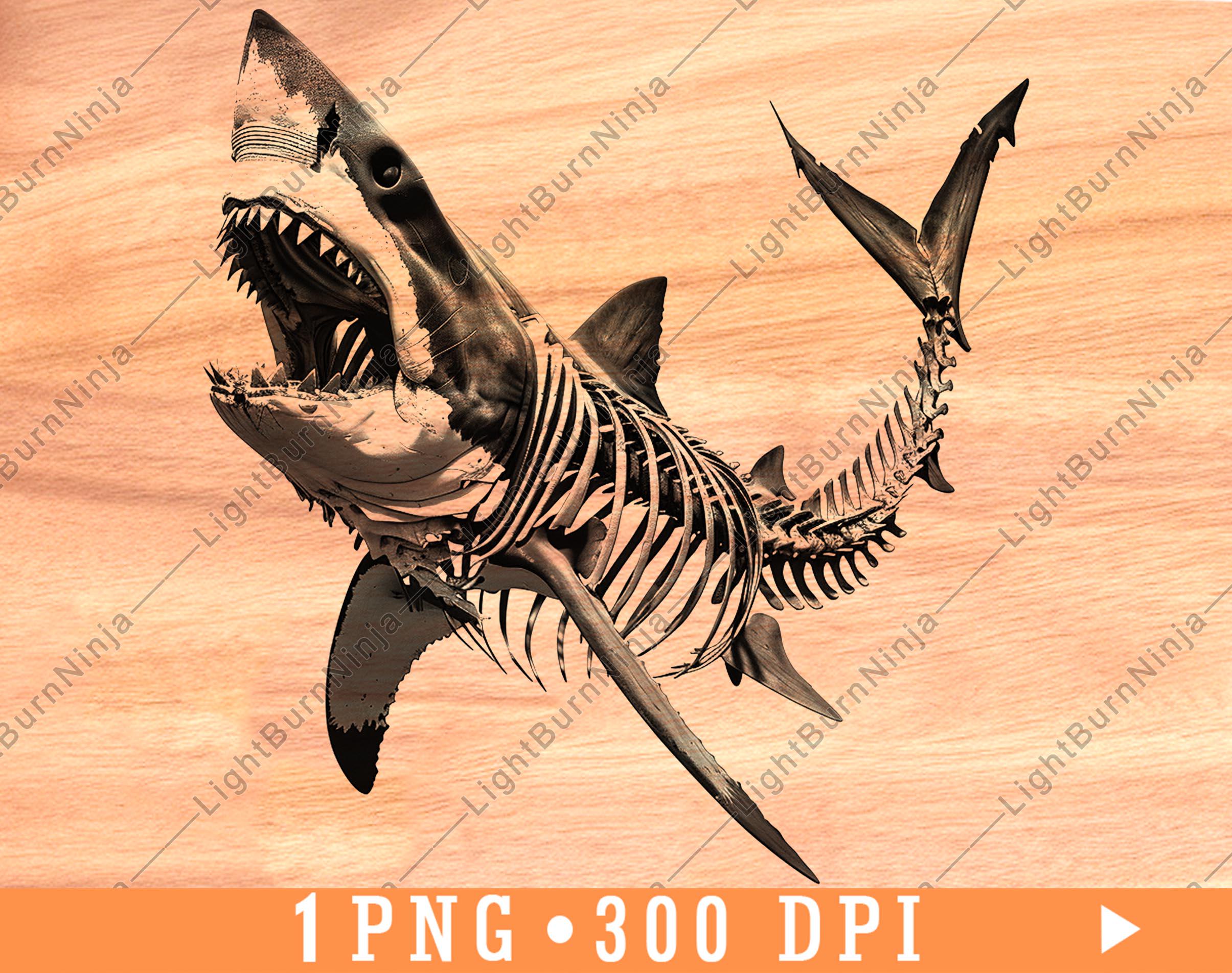White Shark Skeleton Ocean Predator Engraving Design Nautical Wall