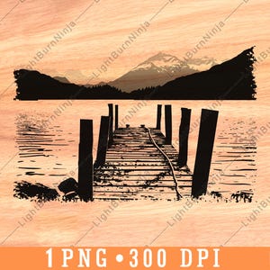 Dok meer houten pier berglandschap pijnbomen water kunst laserbestand branden grijstinten leisteen onderzetter zwart wit PNG-afbeelding graveren hout, één