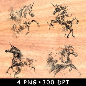 Licorne bulles lumineuses créature fantastique cheval mythique magique fichier laser graver en niveaux de gris ardoise sous-verres Image PNG noir blanc graver Cnc bois