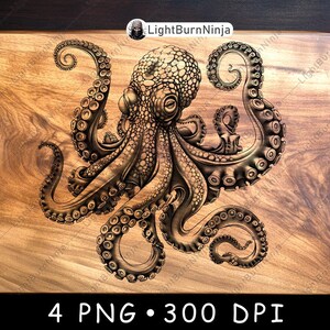 May include: A detailed woodburned image of an octopus with eight tentacles on a wooden chopping board. The octopus is in a curled position with its tentacles reaching out in different directions. The image is in shades of brown and black.