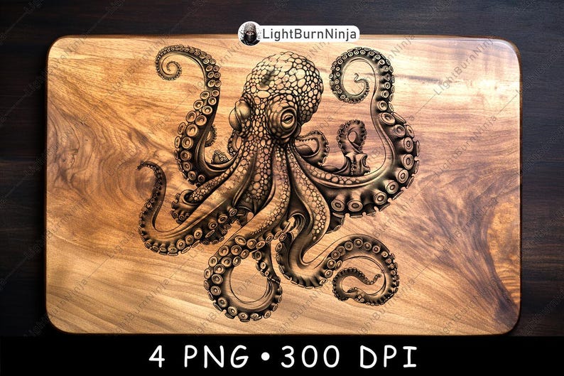 May include: A detailed woodburned image of an octopus with eight tentacles on a wooden chopping board. The octopus is in a curled position with its tentacles reaching out in different directions. The image is in shades of brown and black.