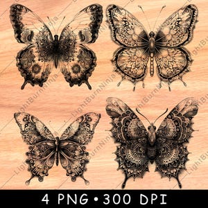 Peut inclure: Quatre illustrations de papillons en noir et blanc avec des motifs complexes sur leurs ailes. Les papillons sont placés sur un fond de bois brun clair.