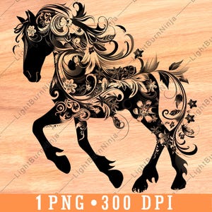 Motif floral motif cheval tourbillonnant Nature équestre animal sauvage fichier laser gravure en niveaux de gris ardoise sous-bock noir blanc image PNG gravure sur bois, un