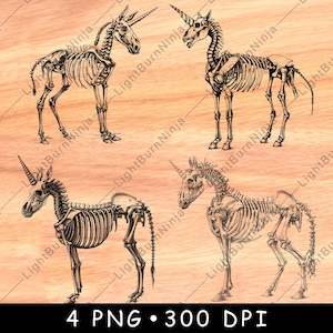 Licorne squelette Halloween enchanté horreur cheval conte de fées fichier laser graver en niveaux de gris ardoise dessous de verre image PNG noir et blanc graver sur bois CNC