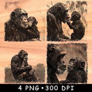 Chimpancé madre bebé lloviendo fauna silvestre animal unión familiar archivo láser quemar escala de grises posavasos pizarra negro blanco imagen PNG grabado CNC madera