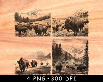 Buffalo Herd PNG Laser Engraving Design, American Bison Mountain Wood Engrave File, Wildlife Prairie Wall Art