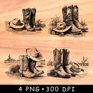 Cowboy Boots Hat Desert Wild Western Plains Rancher Laser File Burn Grayscale Slate Coaster Black White PNG Image Engrave Cnc Wood Gift Idea