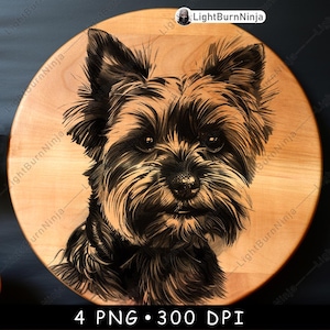 Yorkshire terrier schattig Yorkie hondenras harig huisdier hoektand gezicht laserbestand branden grijstinten leisteen onderzetter zwart wit PNG-afbeelding graveren CNC hout