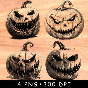 May include: Four black and white digital illustrations of scary jack-o'-lantern pumpkins with menacing grins and sharp teeth.