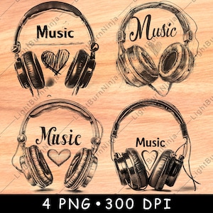 Kopfhörer Musik Herz Musical Audio Liebhaber Sing Dj Mix Sound Laser File Brennen Graustufen Schiefer Untersetzer Schwarz Weiß PNG Bild Gravieren Cnc Holz