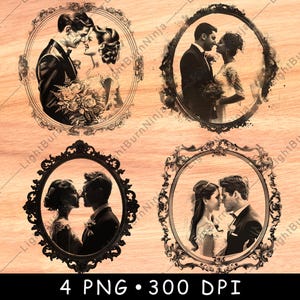 Bride Groom Vintage Frame Wedding Portrait Love Bouquet Photo Laser File Burn Grayscale Slate Coaster Black White PNG Image Engrave Cnc Wood