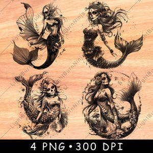 May include: Four digital illustrations of black and white sugar skull mermaids with intricate details. Each mermaid has a different pose and tail design.