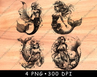 Sockerskalle sjöjungfru PNG dag för de döda sjöjungfru design för lasergravering tatueringsstil träkonst digital nedladdning fantasy gravyrfil