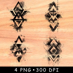 Puede incluir: Cuatro diseños geométricos en blanco y negro con un efecto acuarela sobre un fondo de madera. Los diseños están hechos de triángulos y cuadrados.