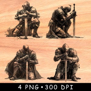 Caballero arrodillado con espada, armadura medieval, caballerosidad, héroe épico, guardia, archivo láser, quemar, escala de grises, posavasos de pizarra, imagen PNG en blanco y negro, grabar, CNC, madera