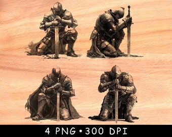 Kneeling Knight Sword Medieval Armor Chivalry Epic Hero Guard Laser File Burn Grayscale Slate Coaster Black White PNG Image Engrave Cnc Wood