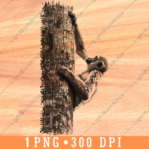 May include: A digital graphic featuring a monkey climbing a textured tree trunk. The monkey is shown in profile, reaching upward with one arm. The artwork is rendered in shades of brown and black, set against a light tan wood grain background.