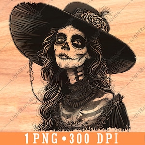 Femme morte crâne de sucre femme squelette tradition mexicaine chapeau fichier laser gravure en niveaux de gris ardoise dessous de verre image PNG noir et blanc graver sur bois Cnc