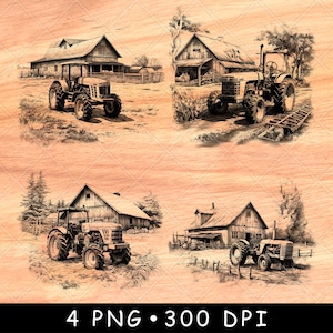 May include: Four black and white illustrations of tractors and farm buildings. Each image features a tractor in front of a barn or farmhouse.