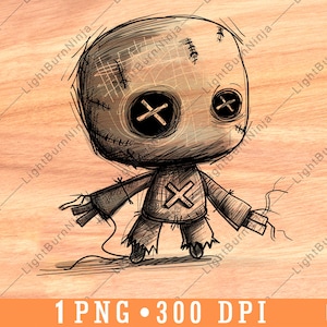 May include: A black and white line drawing of a stitched rag doll with a cross on its chest and eyes. The doll has a stitched mouth and a string attached to its arm.