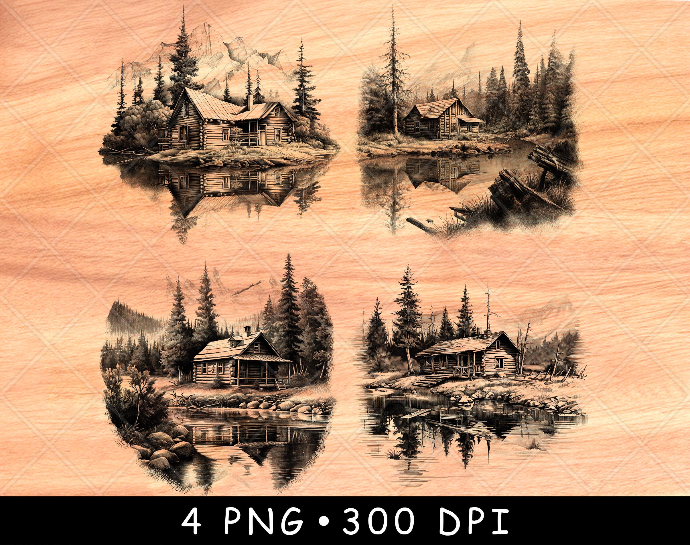 Rustic Log Cabin Lake Swamp House Trees Mountain Landscape Laser File Burn Grayscale Slate Coaster Black White PNG Image Engrave Cnc Wood