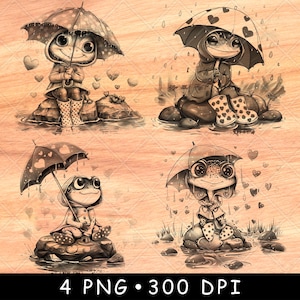 Grenouille roche jour de pluie parapluie coeur gouttes étang animal fantaisie fichier laser graver en niveaux de gris ardoise sous-verres image PNG noir et blanc graver cnc bois