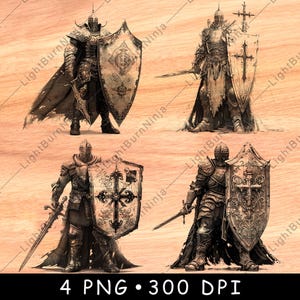 Cavaliere medievale, spada, armatura, design, guerriero, scudo, crociato, file laser, masterizzazione, scala di grigi, sottobicchiere in ardesia, bianco e nero, immagine PNG, incisione CNC, legno