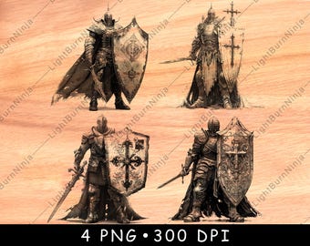 Medieval Knight Sword Armor Design Warrior Shield Crusader Laser File Burn Grayscale Slate Coaster Black White PNG Image Engrave Cnc Wood
