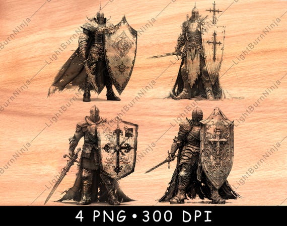 Medieval Knight PNG Bundle Crusader Armor Laser Engraving Files Gothic Warrior Shield Wall Art Wood Sign Decor