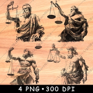 Zeus Holding Justice Scales Balance Law Greek Myth Ancient Laser File Burn Grayscale Slate Coaster Black White PNG Image Engrave Cnc Wood