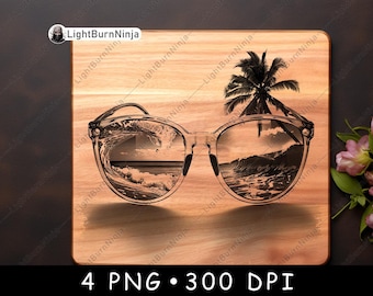 Beach Wave and Palm Tree Sunglasses PNG | Summer Ocean Surf Coastal Laser Engraving Design for Wood, Coasters, Wall Art