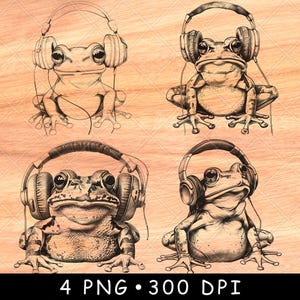 Grenouille portant un casque mélomane crapaud amphibien drôle pose fichier laser graver en niveaux de gris ardoise sous-verres Image PNG noir blanc graver sur bois cnc