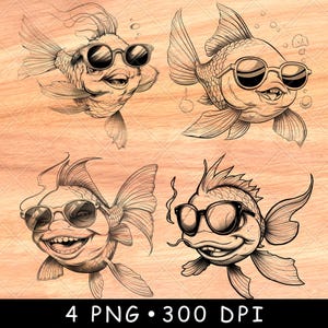 Happy Fish Sunglasses Swimming Aquatic Sea Animal Funny Face Laser File Burn Grayscale Slate Coaster Black White PNG Image Engrave Cnc Wood