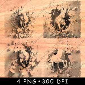 Un cheval blanc perce le mur, une jument magique, des débris de puissance équine, un fichier laser en nuances de gris, des sous-bocks en ardoise, une image PNG noire à graver sur du bois