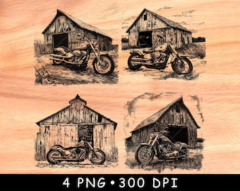 Rustic Barn Big Bike Ranch Farm House Old Vintage Motorcycle Laser File Burn Grayscale Slate Coaster Black White PNG Image Engrave Cnc Wood