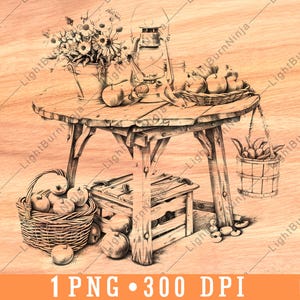 Rustic Table Fruits Flower Bouquet Lantern Old House Harvest Laser File Burn Grayscale Slate Coaster Black White PNG Image Engrave Wood,one