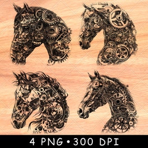 Tête de cheval steampunk engrenages engrenages Machine mécanique étalon fichier laser gravure en niveaux de gris ardoise sous-bock noir blanc image PNG graver du bois cnc