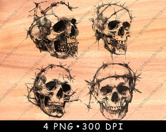 May include: Four digital illustrations of a human skull with a crown of thorns. The skulls are drawn in a realistic style with detailed features and a textured appearance.