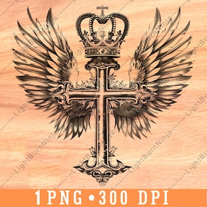 Cross Wings Crown Catholic Religious Symbol Faith Spiritual Laser File Burn Grayscale Slate Coaster Black White PNG Image Engrave Wood,one