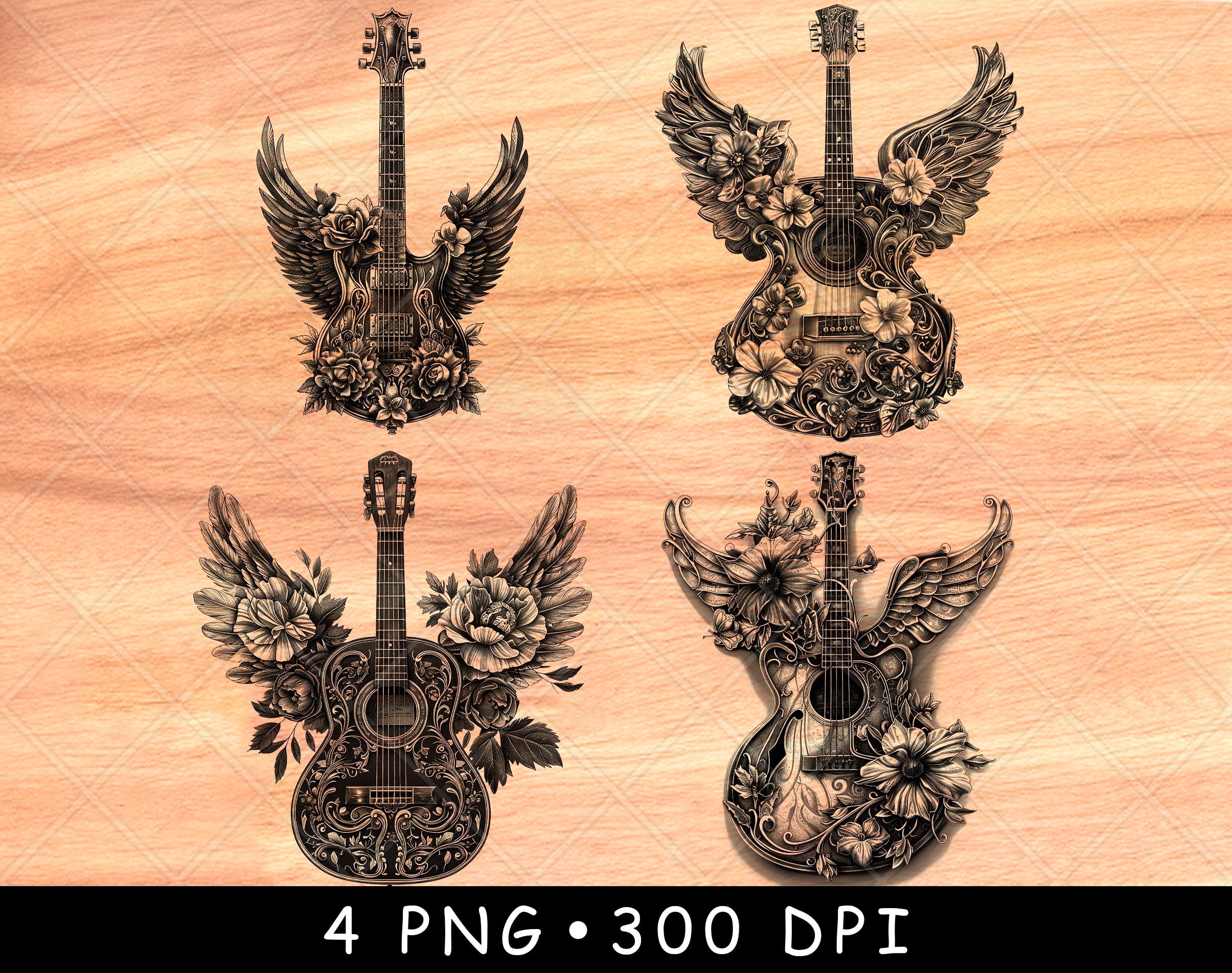 Guitar Wings PNG Laser Engraving Design, Floral Acoustic Electric