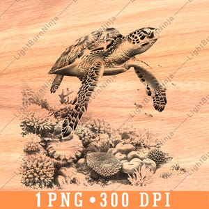 Green Sea Turtle Underwater Scene Coral Reefs Aquatic Marine Laser File Burn Grayscale Slate Coaster Black White PNG Image Engrave Cnc Wood