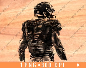 May include: A black and white digital illustration of a football player wearing a helmet and uniform, viewed from behind. The player is facing to the right, with their arms at their sides.