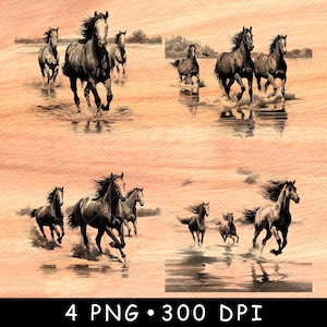Cheval au galop, étalon, troupeau, scène aquatique, faune, fichier laser, gravure en niveaux de gris, ardoise, caboteur, noir blanc, image, PNG, graver, bois, cnc
