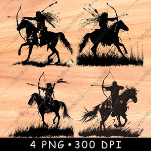 Native Warrior on Horse PNG | Bow and Arrow Silhouette Art for Laser Engraving | Tribal Horseback Archer Clipart for Wood Projects