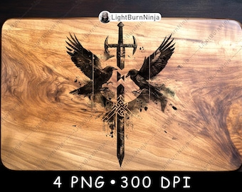 Runic Symbol Sword Raven Ancient Norse Myth Gothic Symbol Art Laser File Burn Grayscale Slate Coaster Black White PNG Image Engrave Cnc Wood