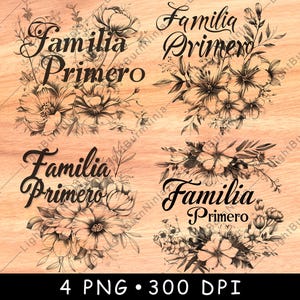 Familia Primero Fiori Elegante Motto di Famiglia Cornice Floreale Arte File Laser Masterizzazione Scala di Grigi Sottobicchiere Ardesia Nero Bianco Immagine PNG Incisione Cnc Legno
